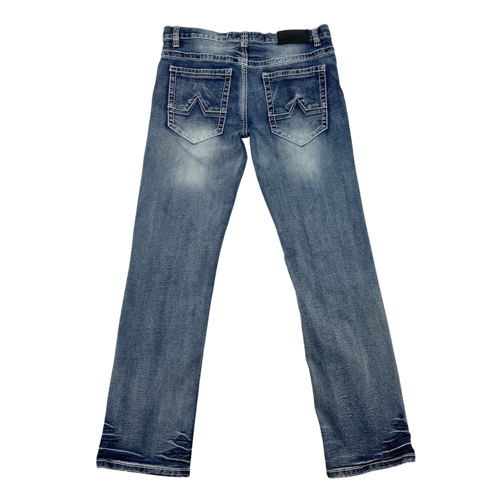 True Luck Mens Straight Leg Jeans Medium Wash Blue Denim 30x32 Thick Stitch